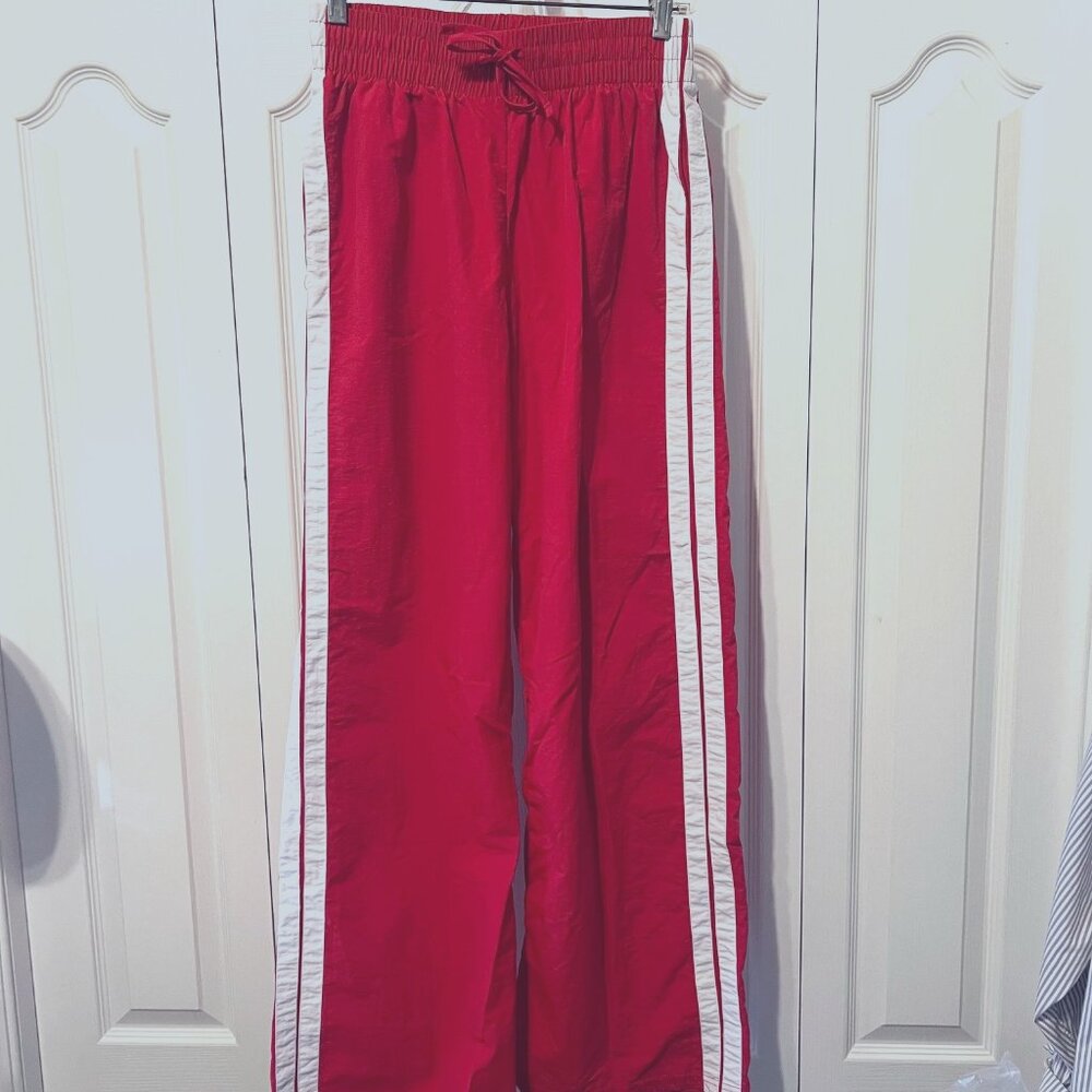 Faded Rose Essentials-Women's Nylon Athletic Pants-Red/White Stripes-XS-Pockets